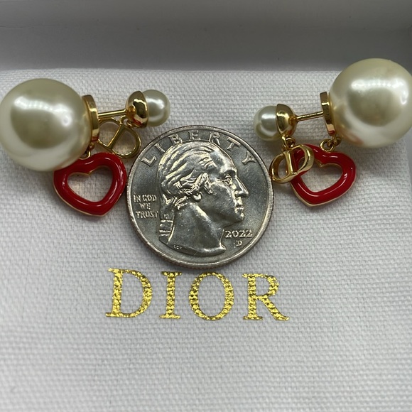 CHRISTIAN DIOR Pearl Heart Tribal Dioramour Earrings Gold Red Authentic - Picture 3 of 7